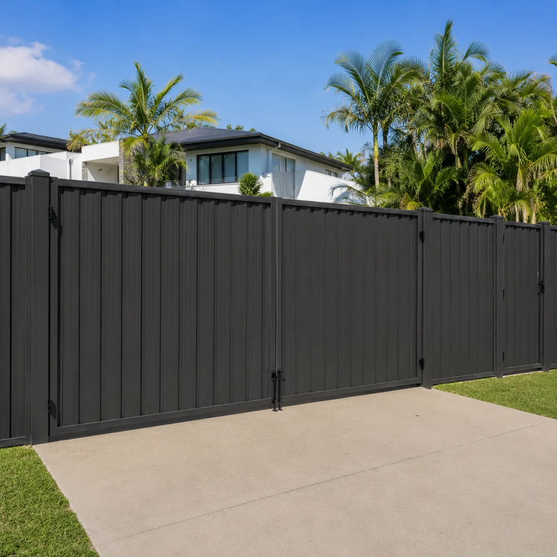 Colorbond double swing driveway gate in Monument, matched to the boundary fence