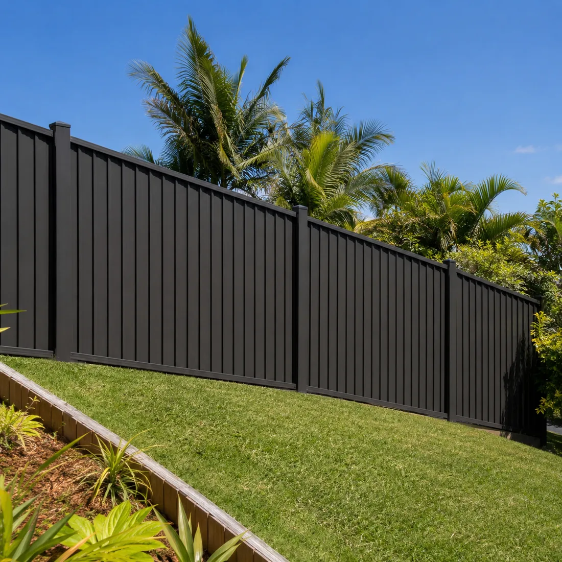 Colorbond fence raked to follow a sloping Gold Coast backyard, no stepped gaps